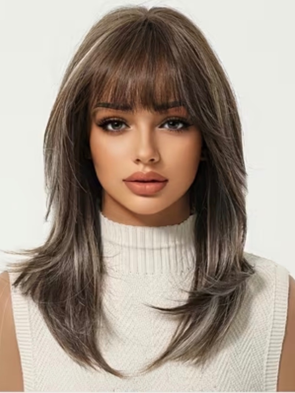Gray Brown Highlight Medium Length Wig with Bangs